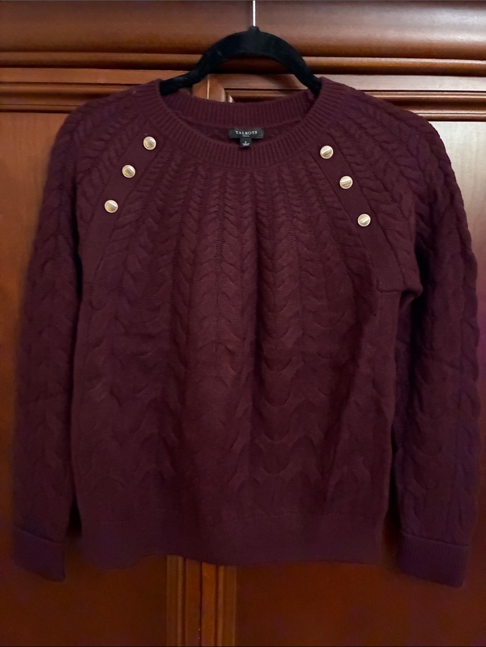Talbots Cable-Knit Crew Sweater in Burgundy with Gold Buttons